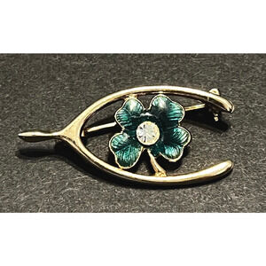 Vtg Good Luck Wish Bone 4 Leaf Clover Brooch Pin Costume Stone - 1.5" x .75"